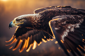 Fototapeta premium Eagle bird flying on sunset sky abstract background. Animal and freedom concept. Generative ai