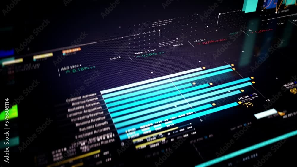 Leinwandbilder Business stock market, trading, info graphic with animated graphs, charts and data numbers insight analysis to be shown on monitor display screen for business meeting mock up theme