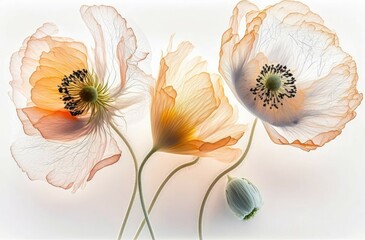 Translucid poppy flower on white background with backlight, generative ai illustration with soft light pastel colors
