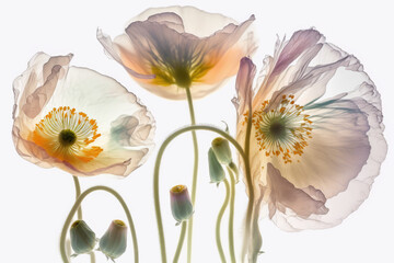 Translucid poppy flower on white background with backlight, generative ai illustration with soft light pastel colors