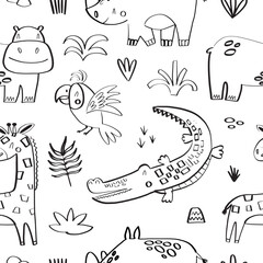 Seamless childish pattern with cute animals of africa in doodle style. Vector illustration isolated on white background for your design