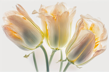 Tulip flowers bouquet on white background with backlight, soft colors, generative ai illustration