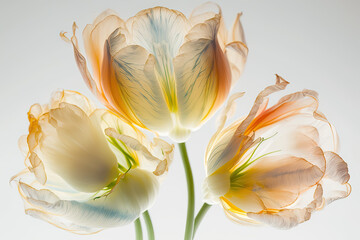 Fototapeta na wymiar Tulip flowers bouquet on white background with backlight, soft colors, generative ai illustration