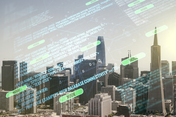 Abstract virtual coding concept on San Francisco skyline background. Multiexposure