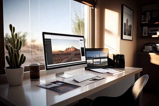 Modern personal office with desert themes bright sunlight photoshop on an apple computer clean and minimal furnishings computer desktop background