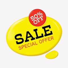 Sale yellow banner and red discount percentage. Special offer badge. 3d vector sale label.