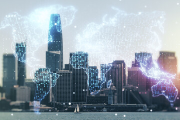 Multi exposure of abstract creative digital world map hologram on San Francisco city skyline background, tourism and traveling concept