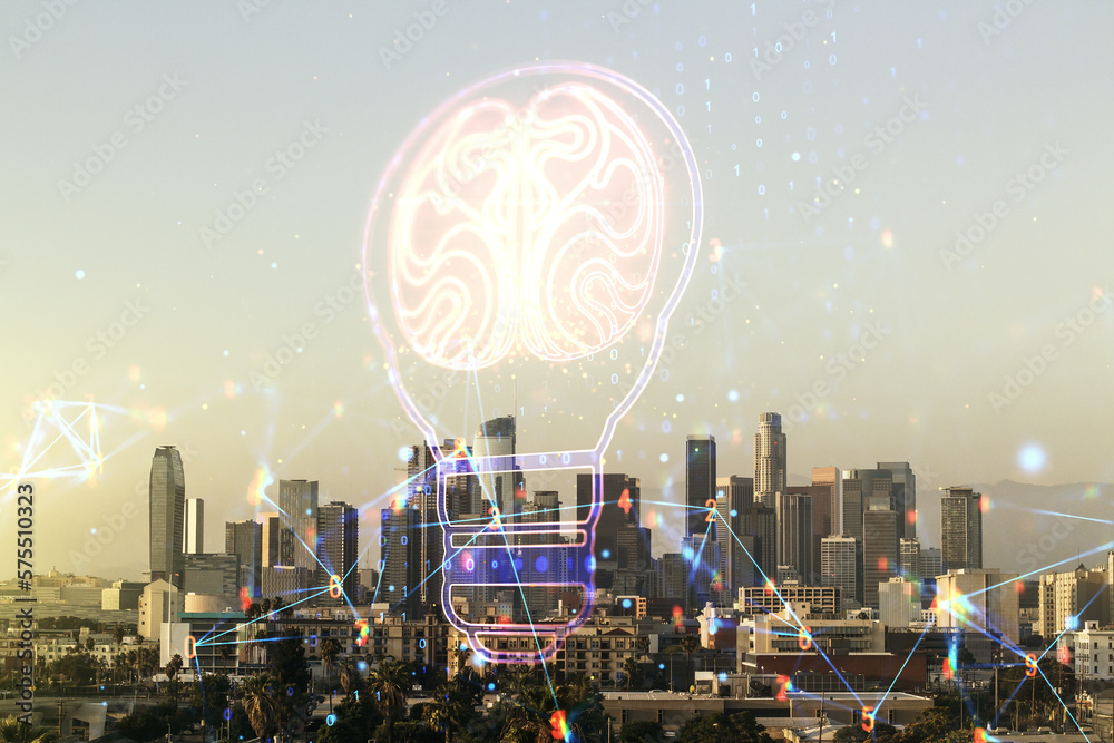 Leinwandbilder abstract virtual idea concept with light bulb and human brain illustration on los angeles skyline ba