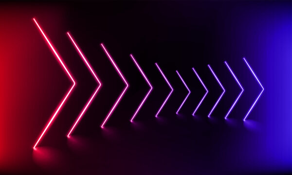 Podium, road, pedestal or platform with neon luminous arrows on blue and pink background. 3d render. Abstract panoramic neon ray backdrop. Neon magic arrow showing direction right. Vector illustration