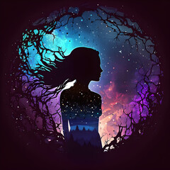 Silhouette of a woman with a universe background fantasy. Generative AI