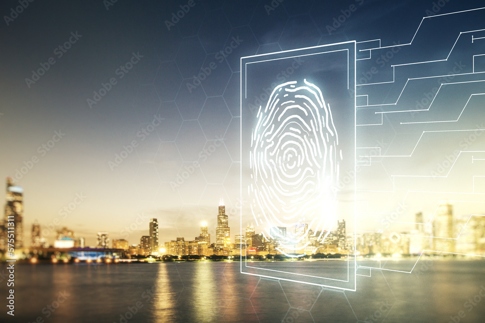 Poster multi exposure of virtual fingerprint scan interface on chicago office buildings background, digital