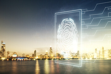 Multi exposure of virtual fingerprint scan interface on Chicago office buildings background, digital access concept