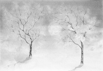 Black and white Art Nature winter landscape with two snowy trees. Artistic Watercolor painting banner template on textured paper. - 575511387