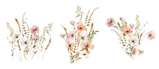 Wildflowers, herbs boho border painted in watercolor. Dried pampas grass floral bouquet, frame. Botanical boho elements isolated on white. Wedding invitation, greeting, card, print, scrapbooking