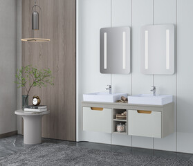 Huge Modern Master Bethroom. Bathroom interior with wooden decor in eco style. 3D Render