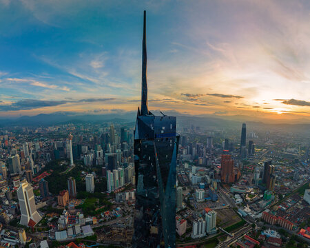 Kuala Lumpur, Malaysia. Febuary 26, 2023 : Aerial view The world's second tallest building PNB118 or Merdeka 118 during sunrise