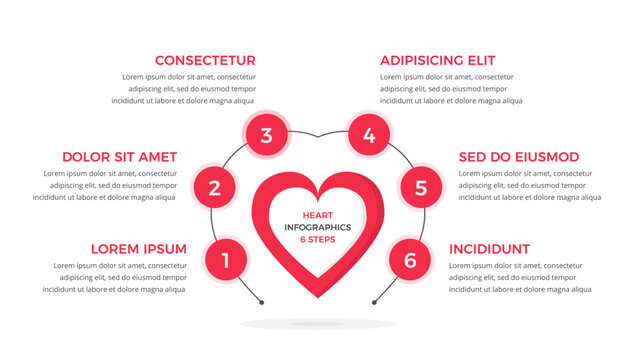 Infographic template with heart with six elements for numbers and text