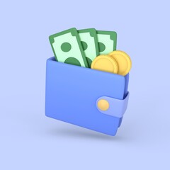3d render green banknote and gold coin inside money wallet icon. isolated on blue background. business financial money saving concept.