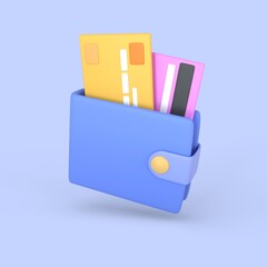 3d render credit card inside money wallet icon. isolated on blue background. business financial money saving concept.