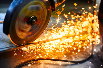 Worker cuts metal with abrasive disk in plant workshop