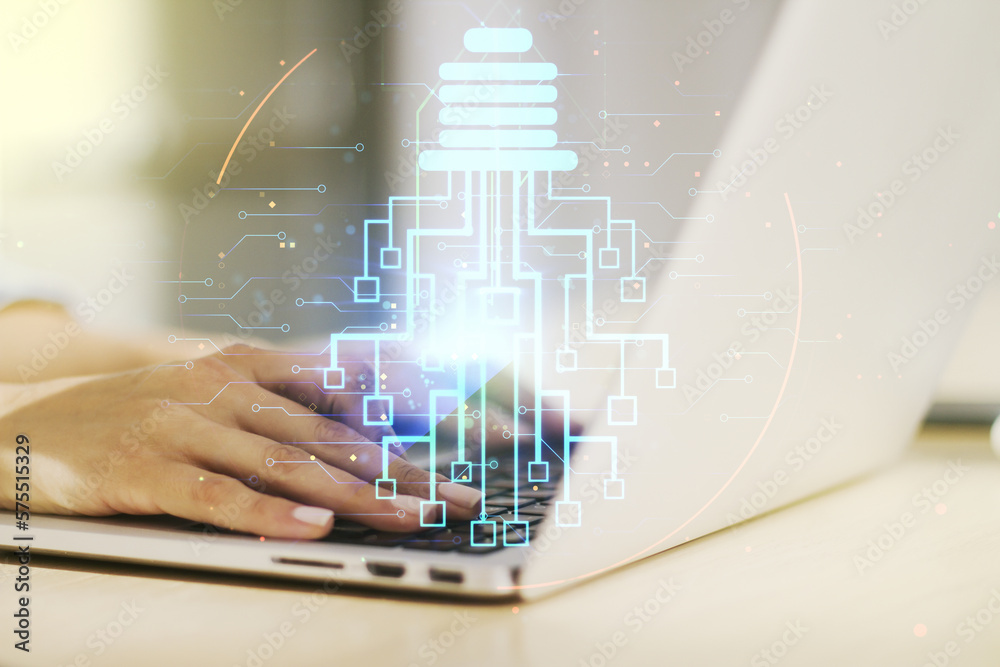 Poster creative light bulb with chip hologram and hands typing on computer keyboard on background, artifici