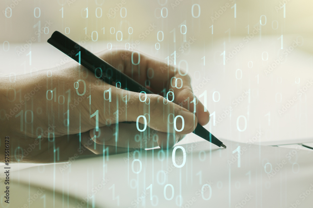 Leinwandbilder creative abstract binary code hologram and man hand writing in diary on background, ai and machine l