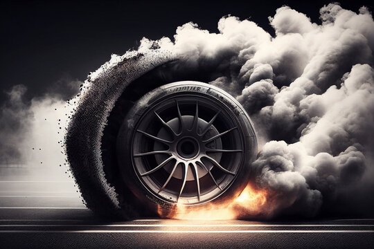Drifting and fire smoking sport car tire, AI digital illustration