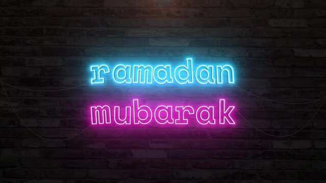 Ramadan mubarak with neon text effect in wall background. Seamless looping video