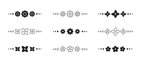 Cute floral page divider doodle illustrations. Simple flower border line art and silhouette collection set.