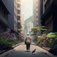 Fototapeta na wymiar grandma walking in an empty street with a bird behind. Generative AI
