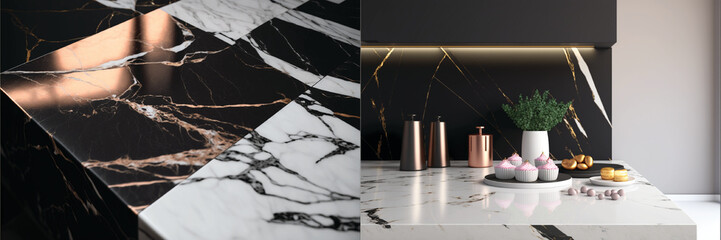 Fototapeta na wymiar Set of 2 Elegant Modern White and Black Marble with Rose Gold Accents (Texture and Kitchen Background) Interior Design and Decoration by Generative A.I.