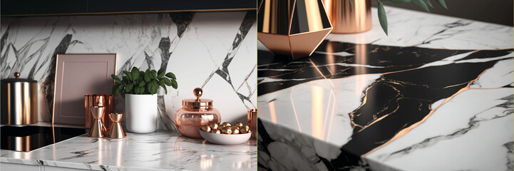 Set of 2 Elegant Modern White and Black Marble with Rose Gold Accents (Texture and Kitchen Background) Interior Design and Decoration by Generative A.I.