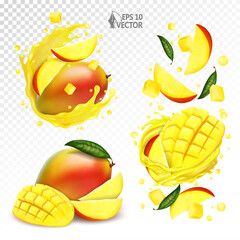 Set of mango fruit with cubes and leaves isolated on a white background. Pieces and slices of fresh mango falling into the juice splash. 3d realistic vector illustration