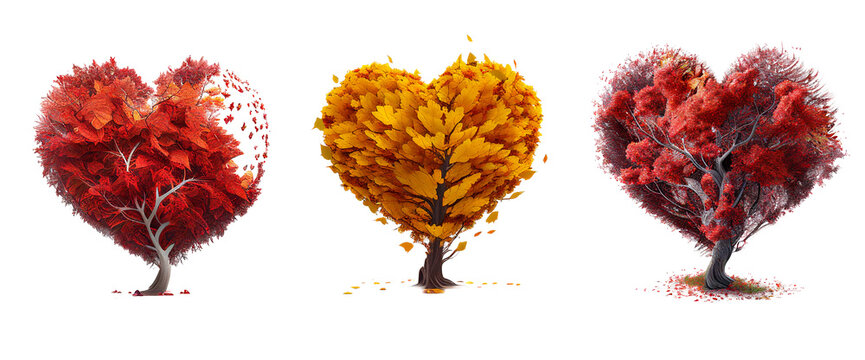 Set of Autumn tree with red and orange foliage in heart shaped, isolated on white background, image ai generate