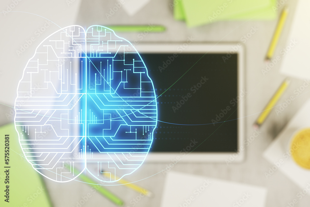 Aufkleber Double exposure of creative artificial Intelligence symbol and digital tablet on background, top view. Neural networks and machine learning concept