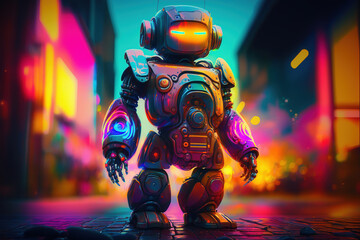 Humanoid robot in vibrant colours, childrens art, non human, cyborg.  Generative AI.
