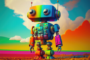 Humanoid robot in vibrant colours, childrens art, non human, cyborg.  Generative AI.