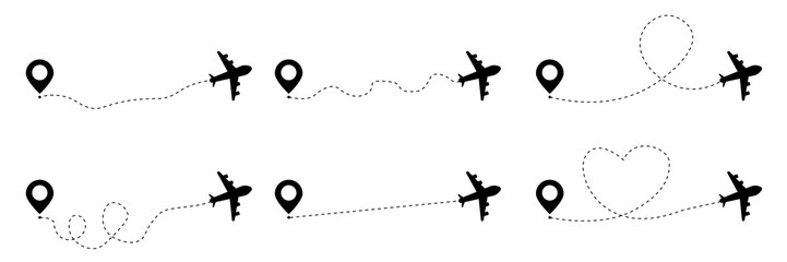 Airplane line path icon of air plane flight route. Airplane travel concept, symbol on isolated background. 