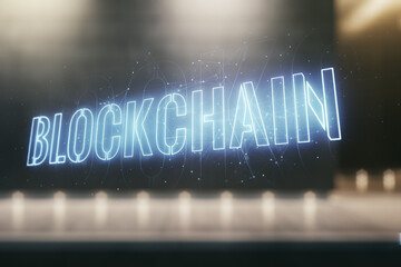 Abstract virtual blockchain technology sketch on contemporary business center exterior background, future technology and blockchain concept. Double exposure