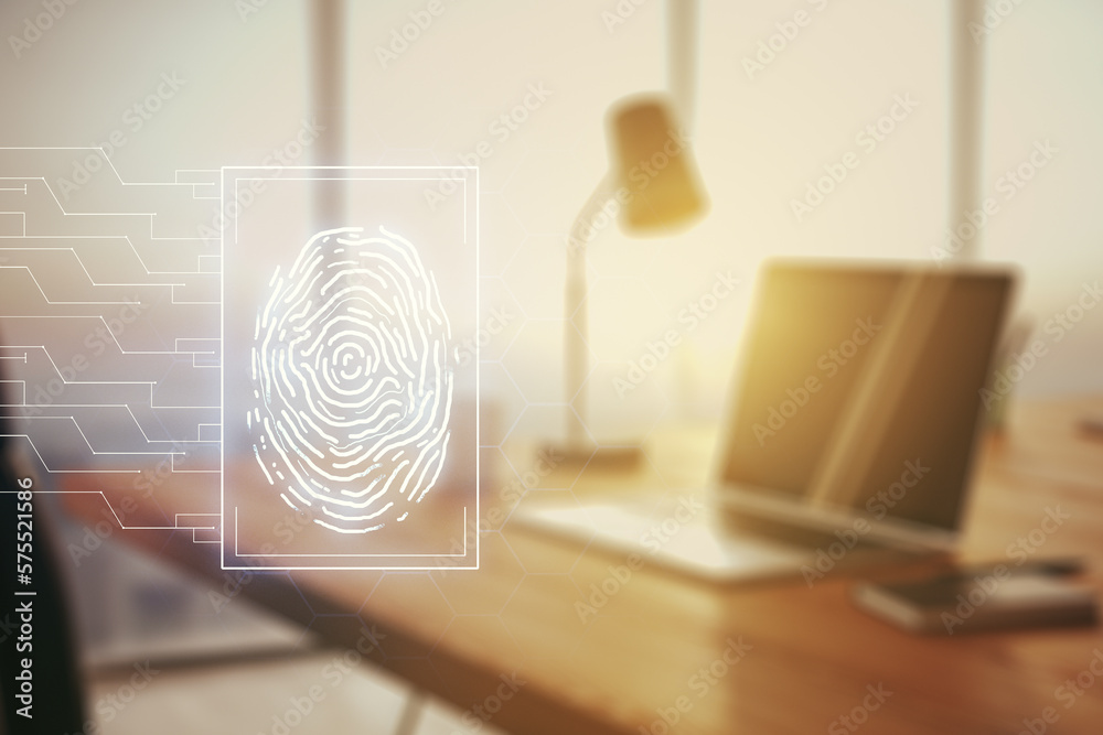 Aufkleber Multi exposure of abstract graphic fingerprint sketch on modern computer background, fingerprint scan data concept