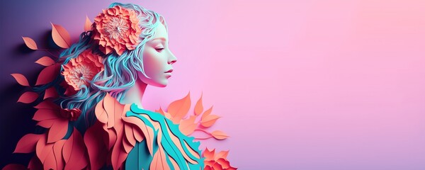 illustration of female face surrounded by leaves and flowers for women's day celebration banner