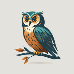 illustration of green and yellow owl sitting on a branch white background. Generative AI