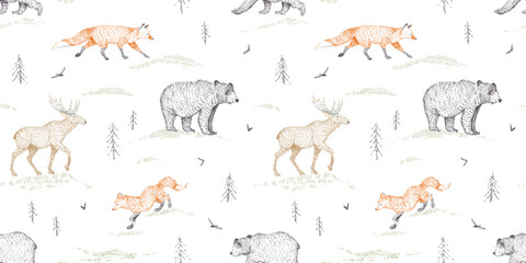 Graphic hand drawn scandinavian forest seamless pattern. Woodland forest animals bear, fox, moose, plants, spruce on white background . Vintage style engraving. Nature wallpaper for children's room.