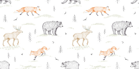 Graphic hand drawn scandinavian forest seamless pattern. Woodland forest animals bear, fox, moose, plants, spruce on white background . Vintage style engraving. Nature wallpaper for children's room.