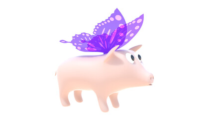 Pig with butterfly wings on a transparent background 3d render - 575522748