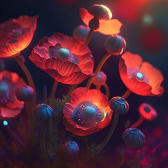 Red poppy flowers in light effects, surreal, colorful, fantasy, spectacular lighting, generated in AI