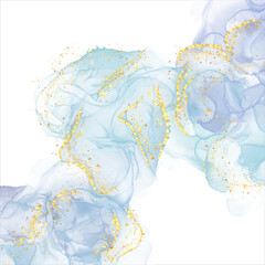 Beautiful liquid marble watercolor background with white gold glitter lines and brush stains. Teal turquoise marbled alcohol ink drawing effect. Vector illustration