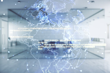 Multi exposure of abstract creative coding sketch and world map on a modern furnished office background, artificial intelligence and neural networks concept