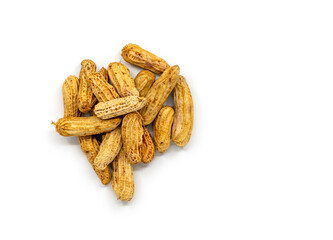 Top view a pile of stream peanuts, a small heap of peanuts with shells, and Isolated image on white background.