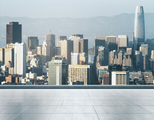 Empty concrete rooftop on the background of a beautiful San Francisco city skyline at sunset, mockup